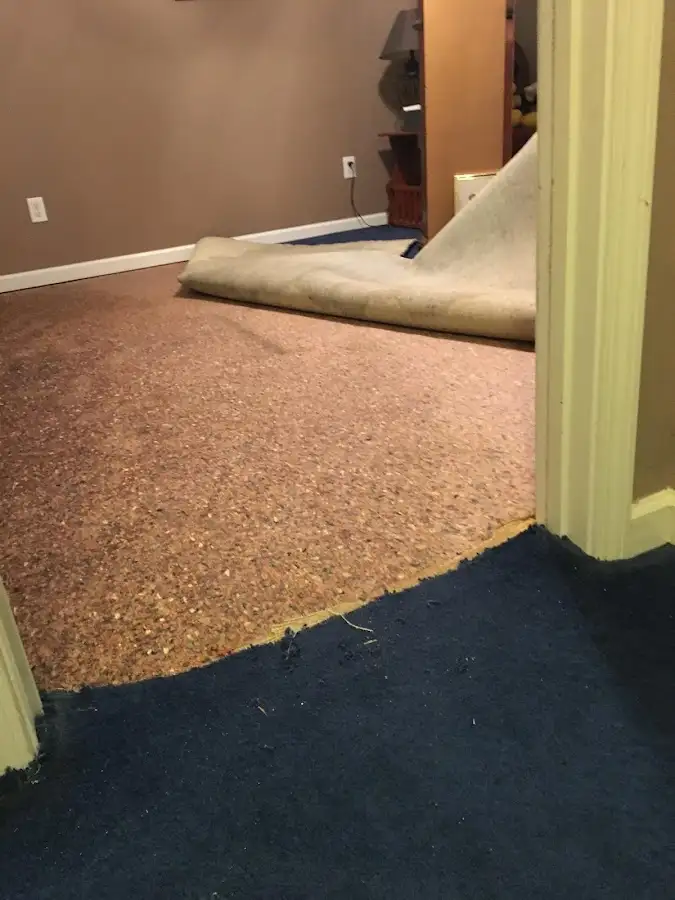 Carpet pad removal revealing water damage during Water Mitigation Services in Walnut Creek